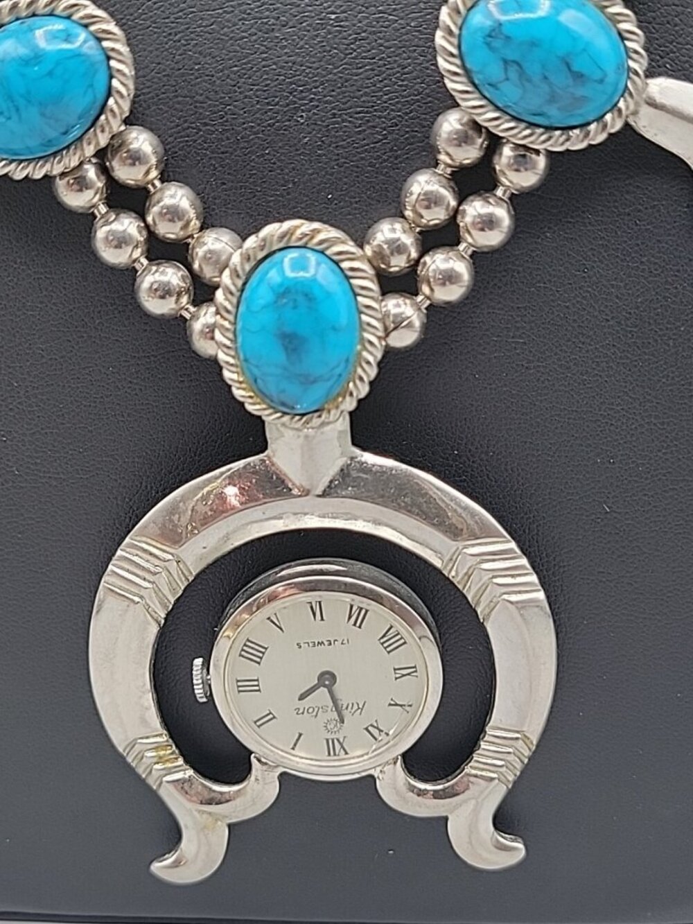 Kingston Wind Pendant Watch Squash Blossom Necklace Faux Turquoise 26" - Picture 8 of 16